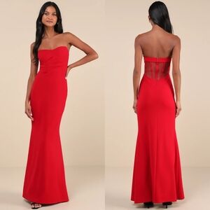 Lulus Iconic Arrival Red Strapless Bustier Mermaid Maxi Dress S Wedding Party